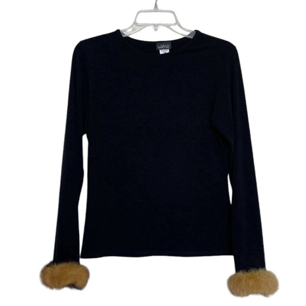 Nally & Millie Shirt Womens Size Large Black Real Fur Trim Long Sleeves Ladies
